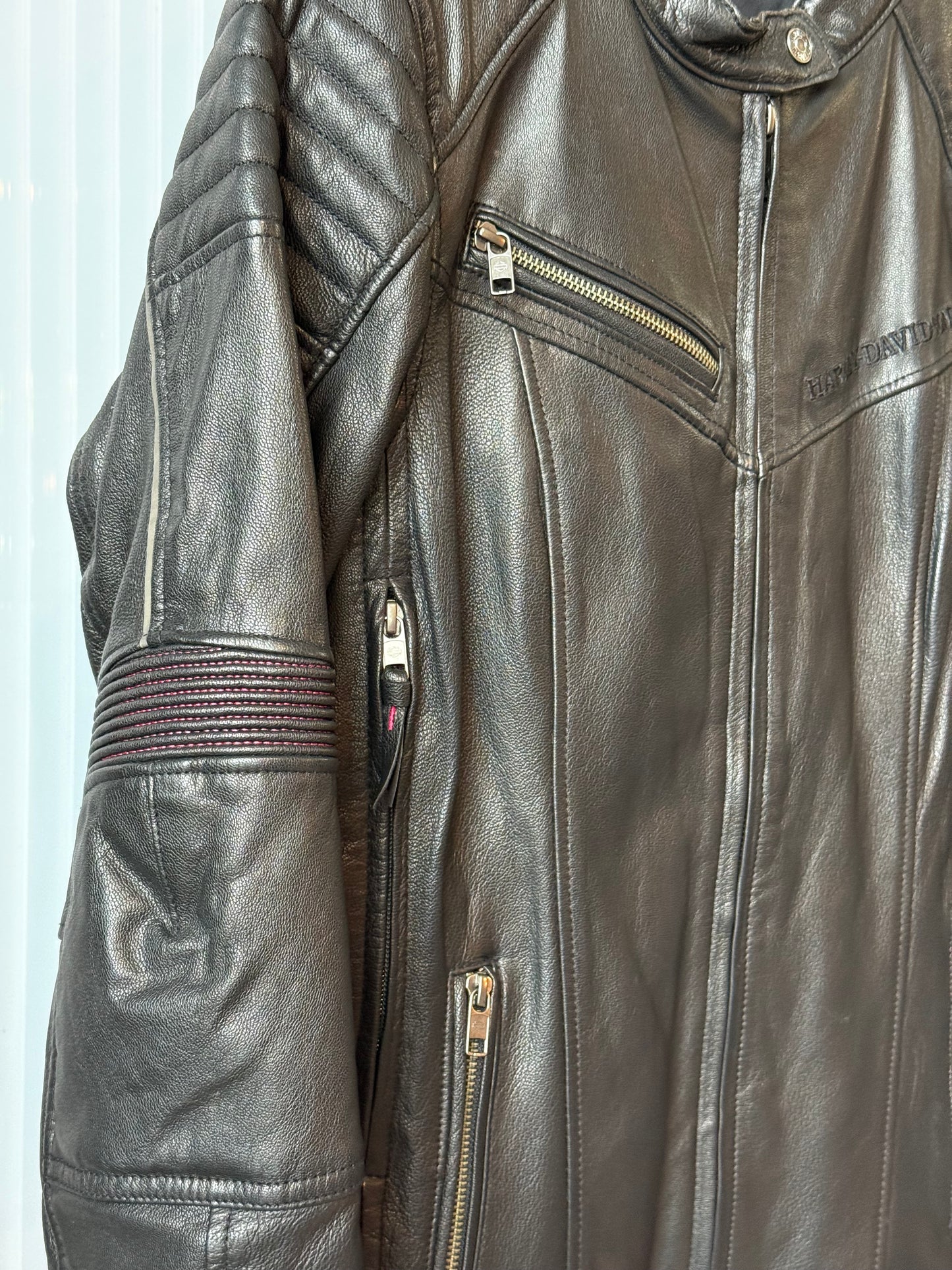 Leather Harley Davidson Moto Jacket w/ Pink Rhinestone Skull