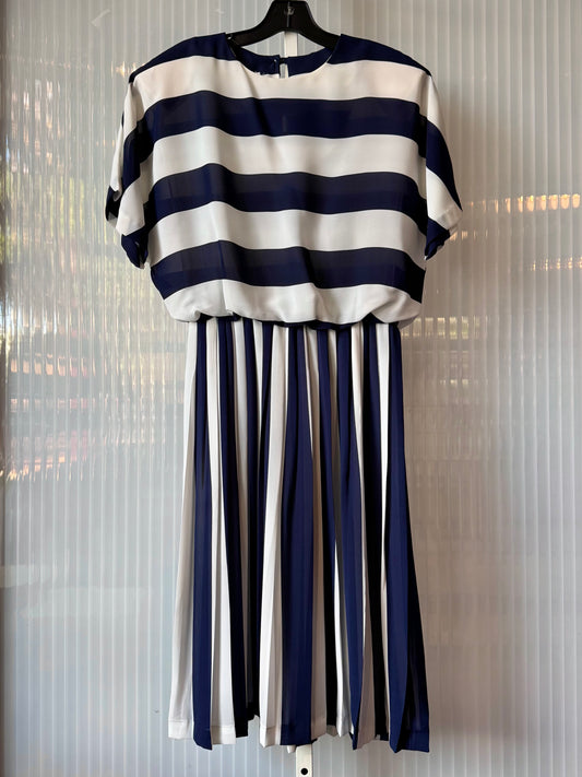 Early 1980s Navy Blue & White Striped Pleated Dress