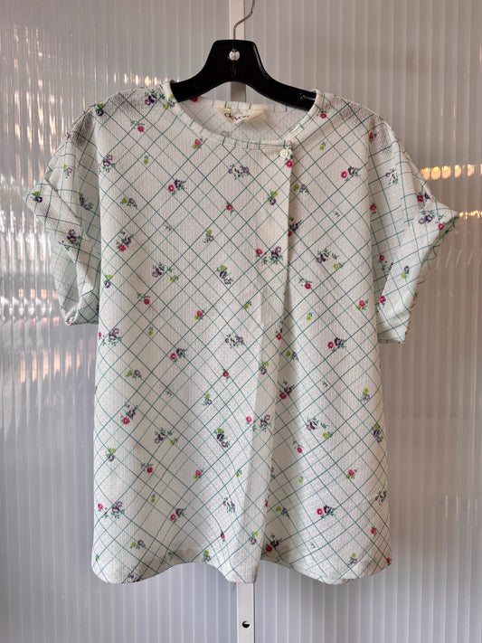 1980s White & Teal Floral Windowpane Blouse