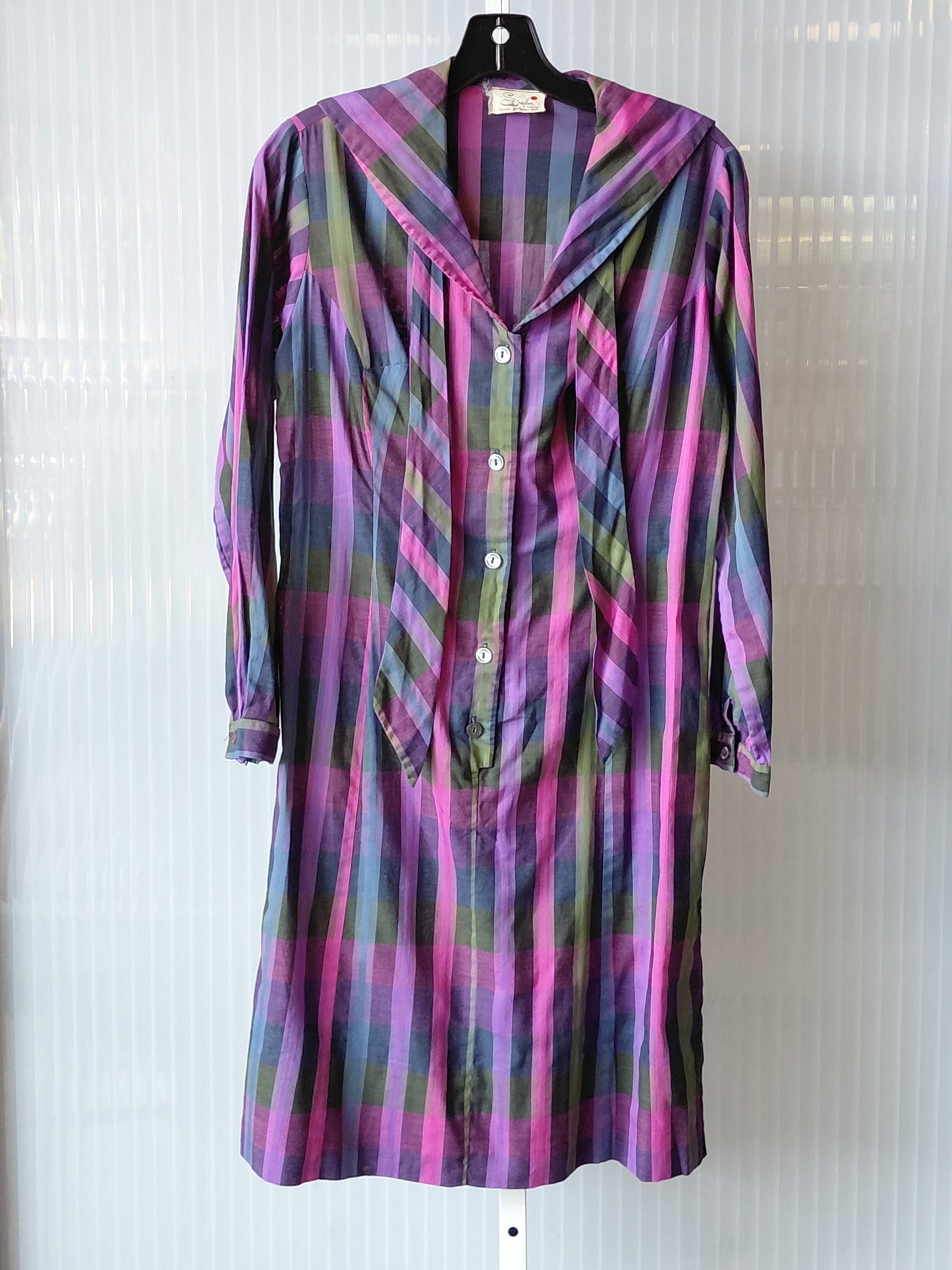 1960s Purple Multicolor Button-Up Tie Neck Striped Sheath Dress