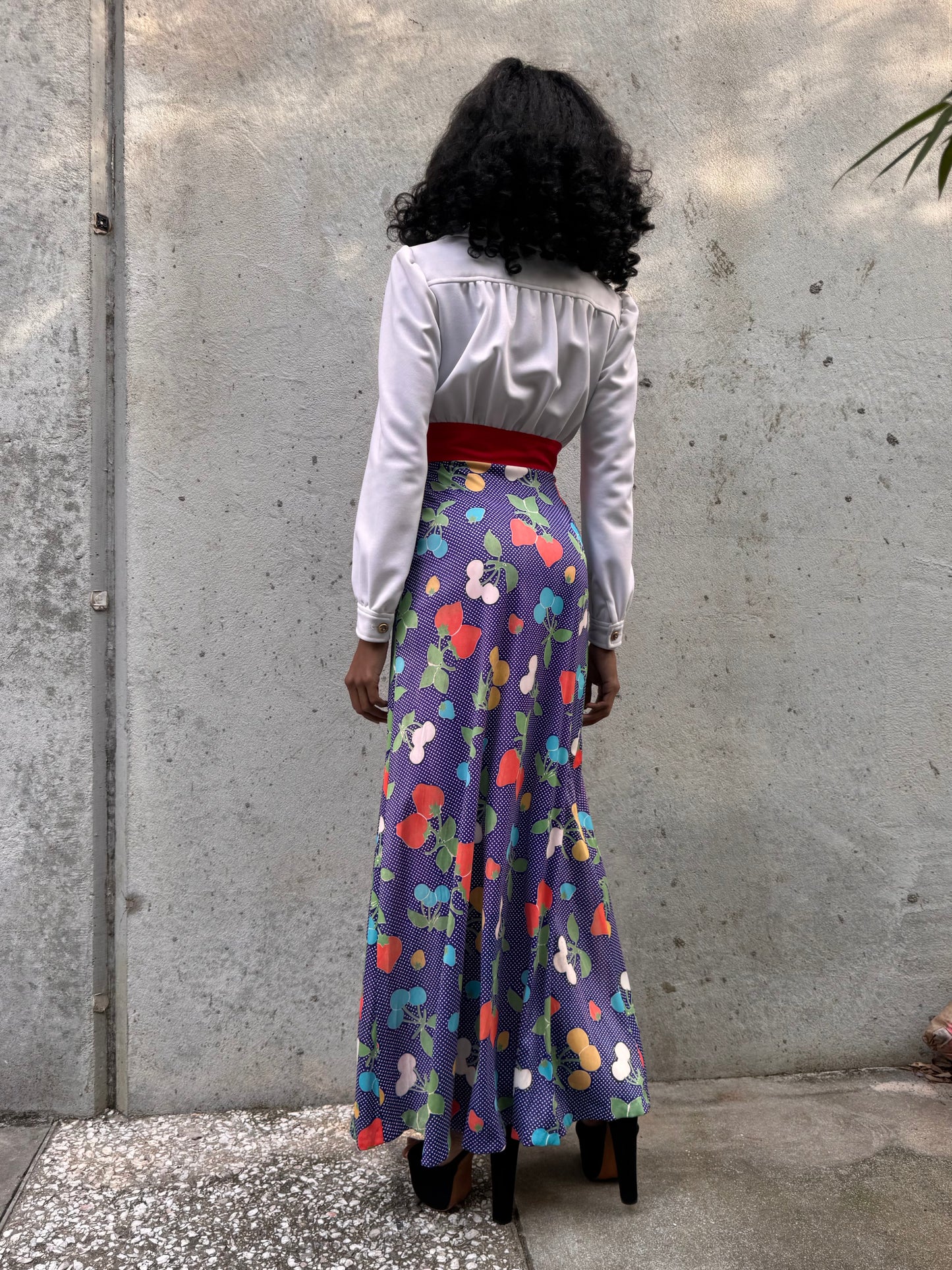 1970s White Purple & Red Maxi Dress