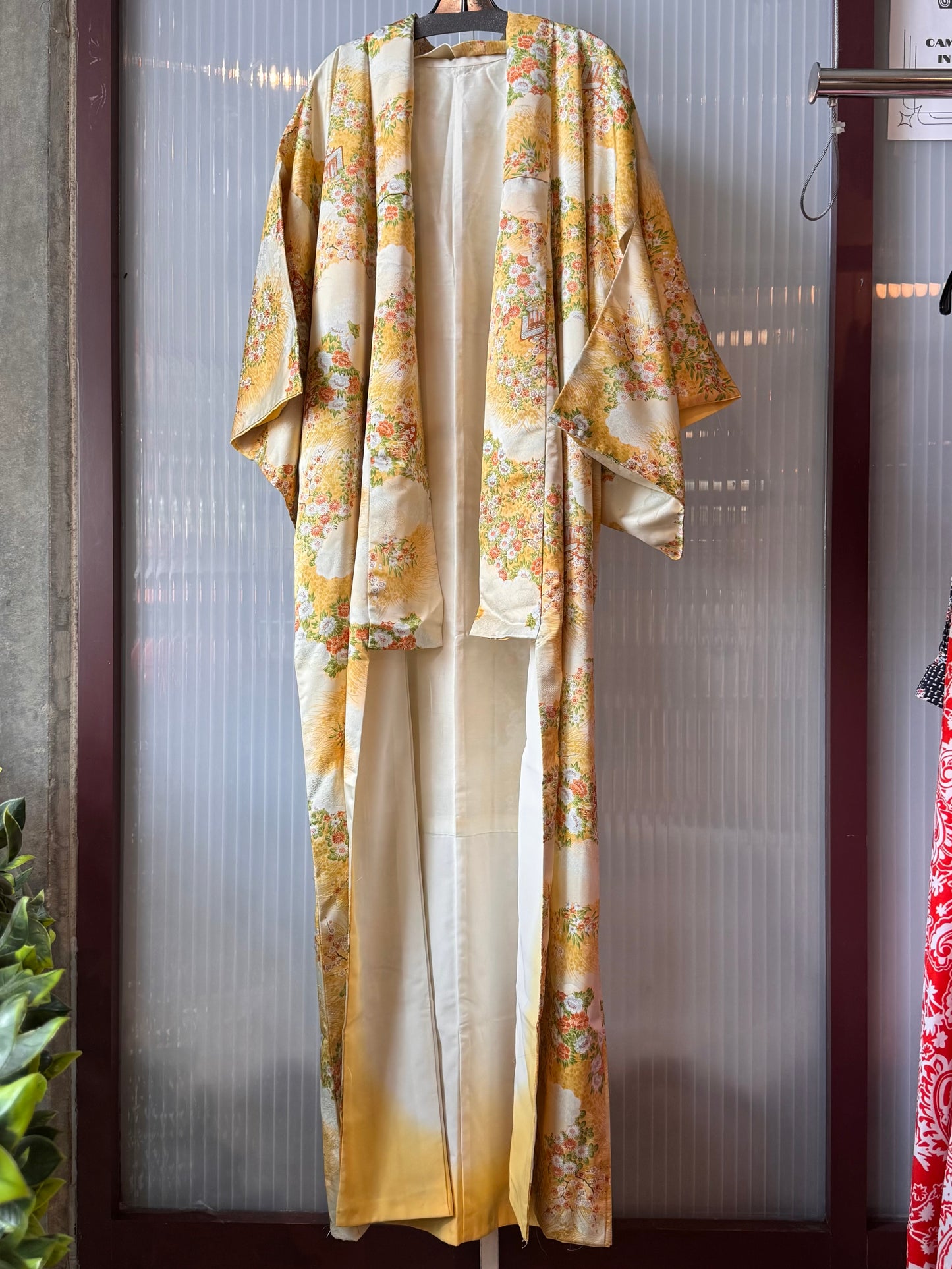 Vintage Yellow Kimono with Orange Floral Pattern