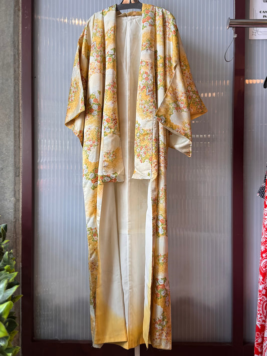 Vintage Yellow Kimono with Orange Floral Pattern