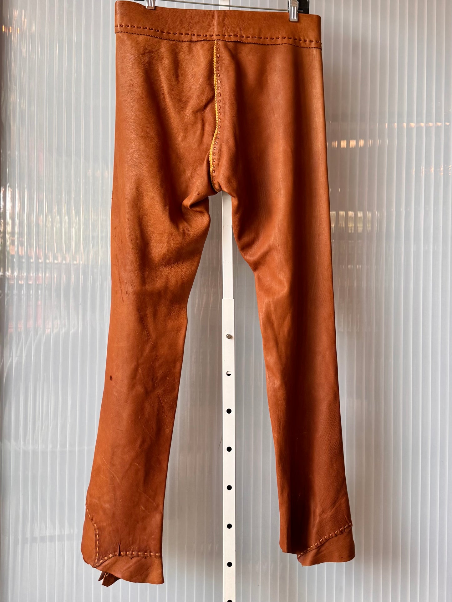 1970s Carmel Leather Pants w/ Large Carved Buttons