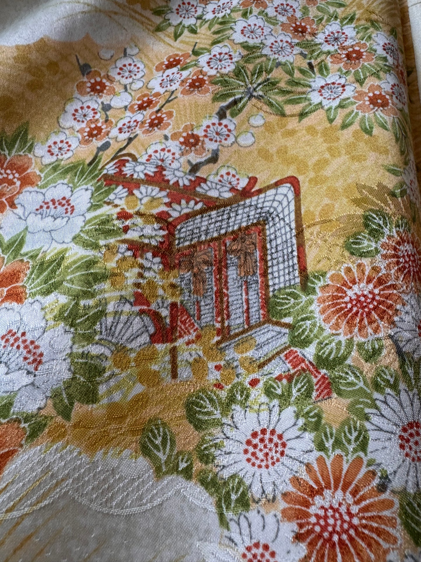 Vintage Yellow Kimono with Orange Floral Pattern