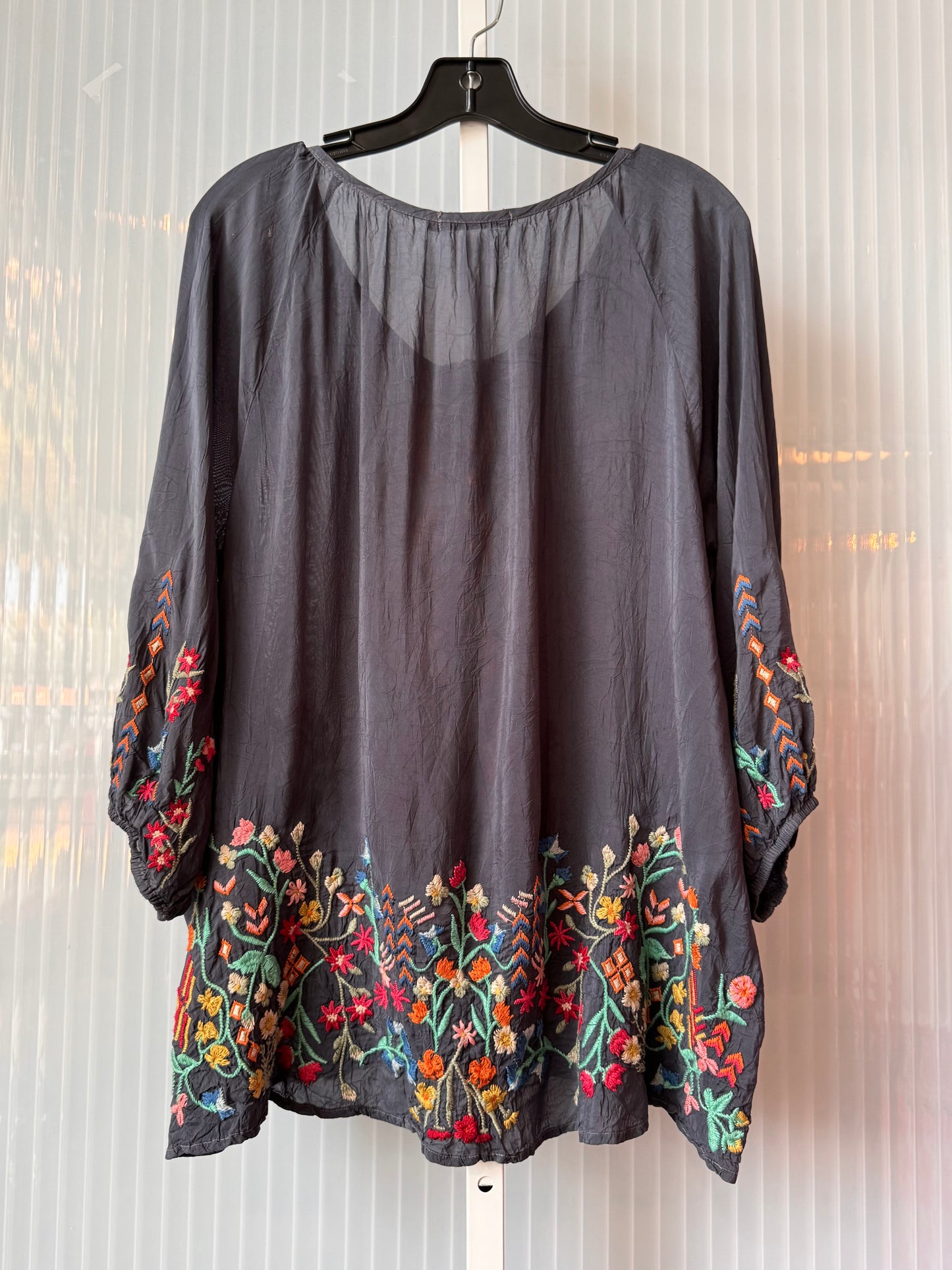 Johnny Was Gray Top with Colorful Floral Embroidery