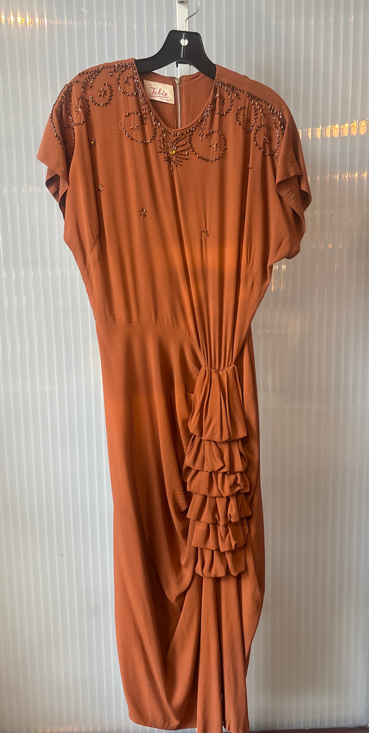 1930/40s Tobie New York Rusty Brown Dress w/ Beading