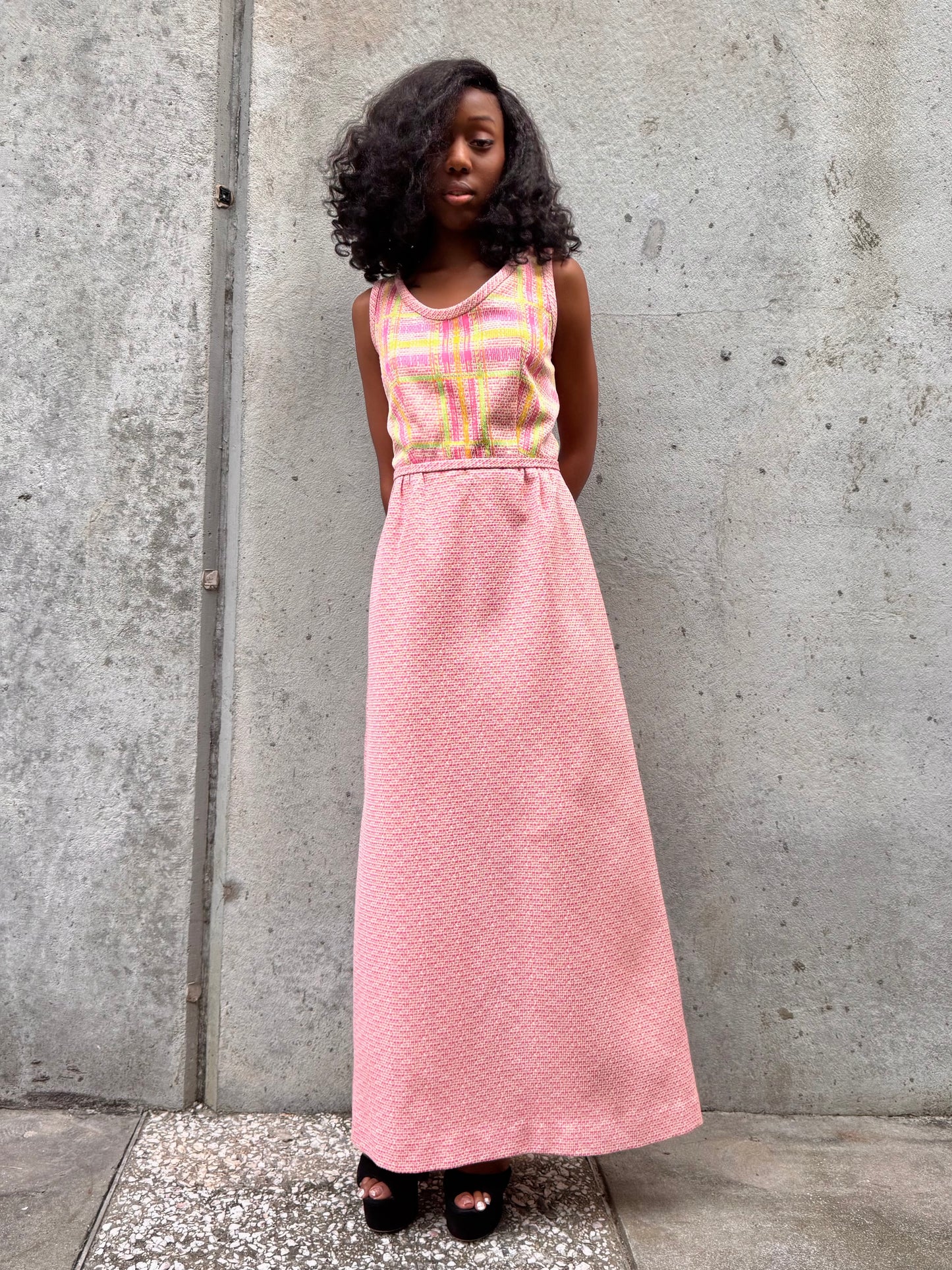 1970s Pink & Green Geometric Pattern Dress