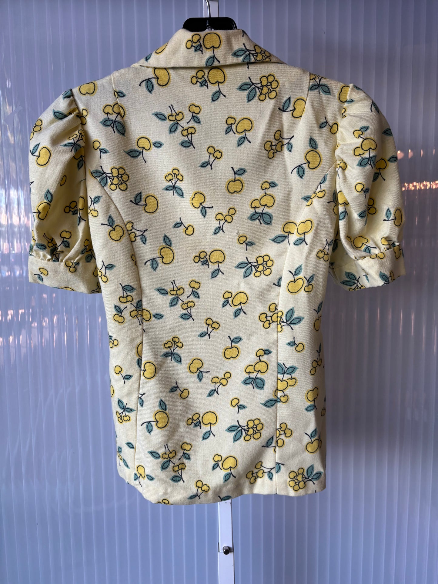 1960s Yellow Cherry-Print Puff-Sleeve Button-Up Blouse