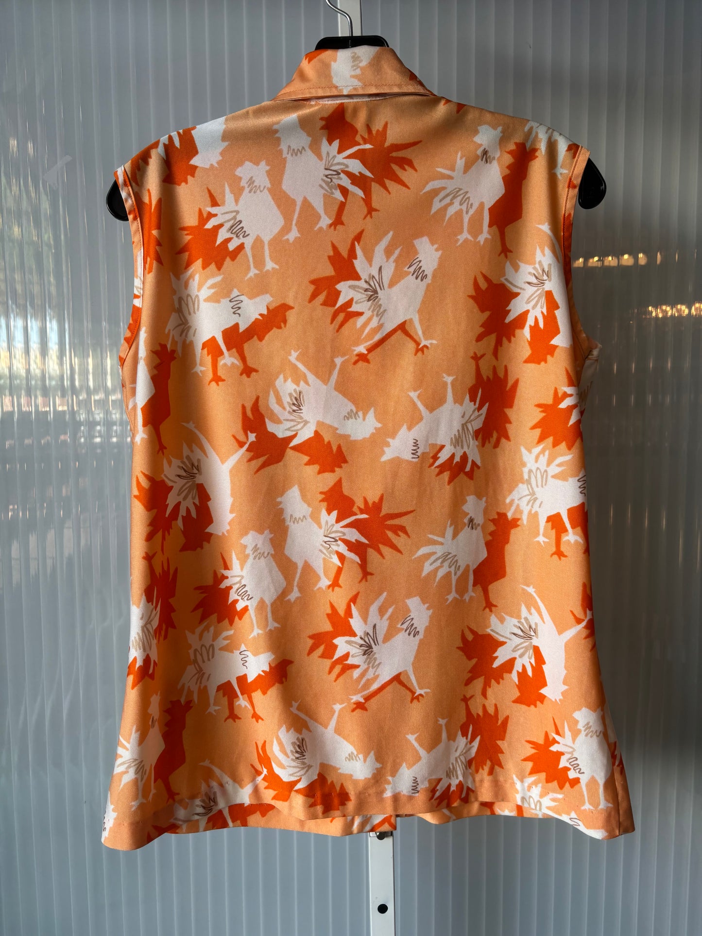 1970s Peach & Orange Rooster Sleeveless Button-Up Blouse