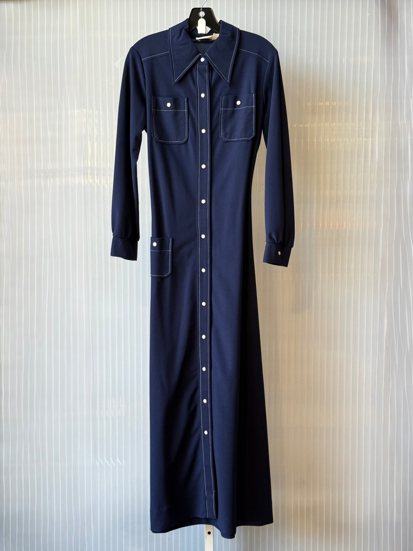 1970s Dark Blue Pearl Snap Full-Length Western Dress