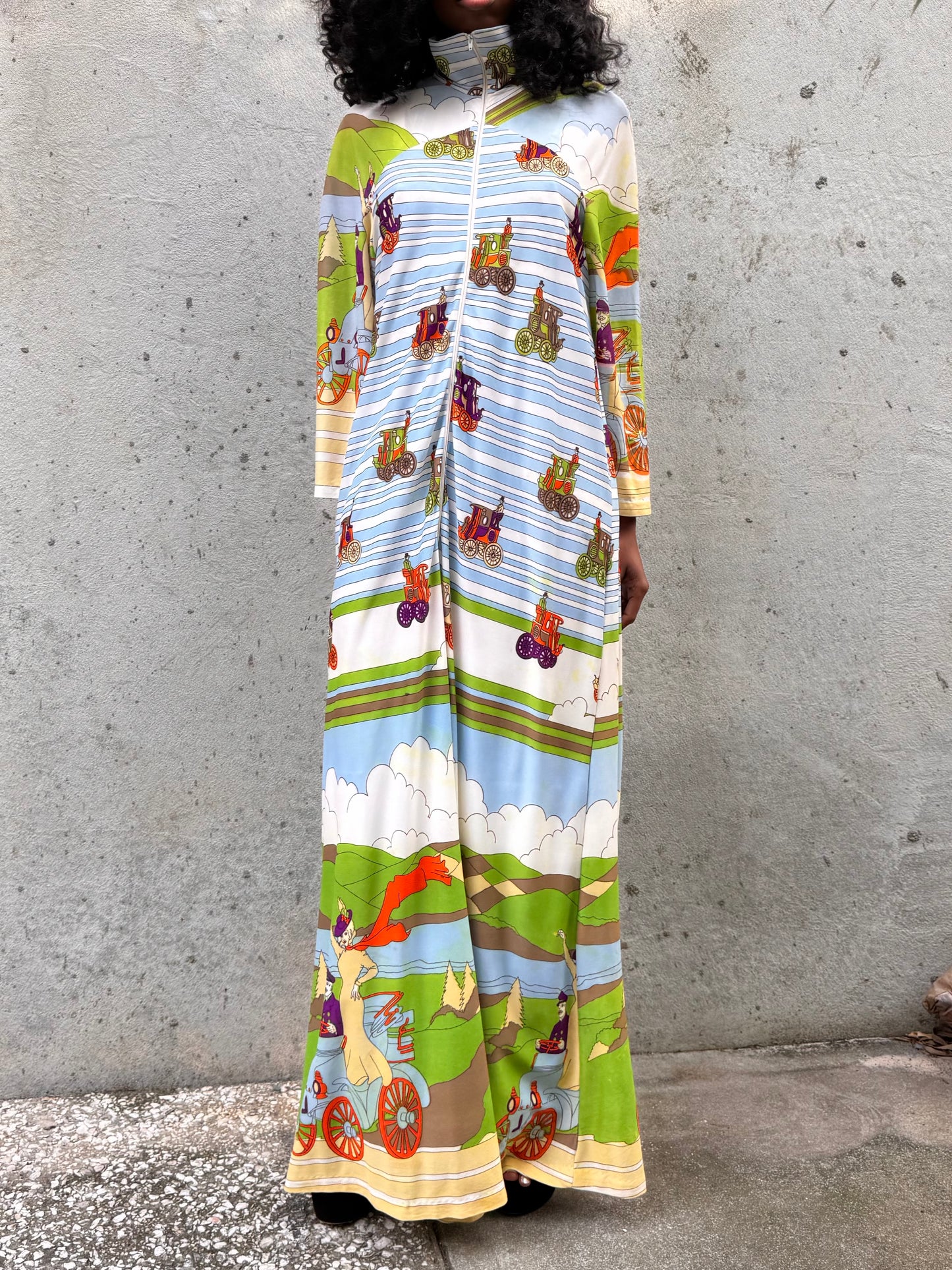 1970s Blue & Green Carriage Print Zip Dress