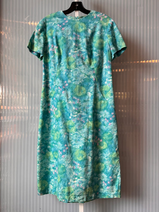 1960s Blue & Green Floral-Watercolor Dress