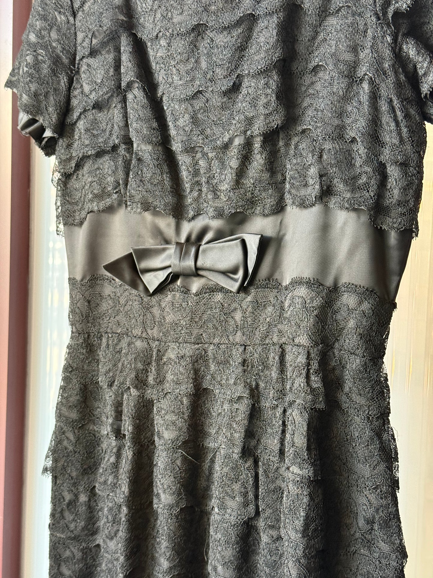 1950s Black Satin Dress w/ Ruffled Lace Layers