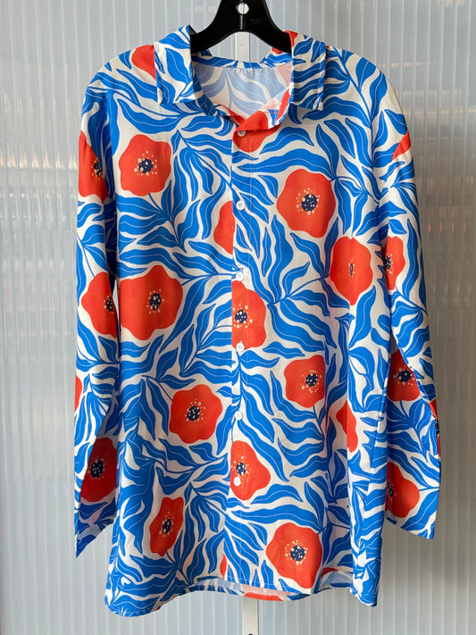 Orange & Blue Poppy Print Collared Shirt