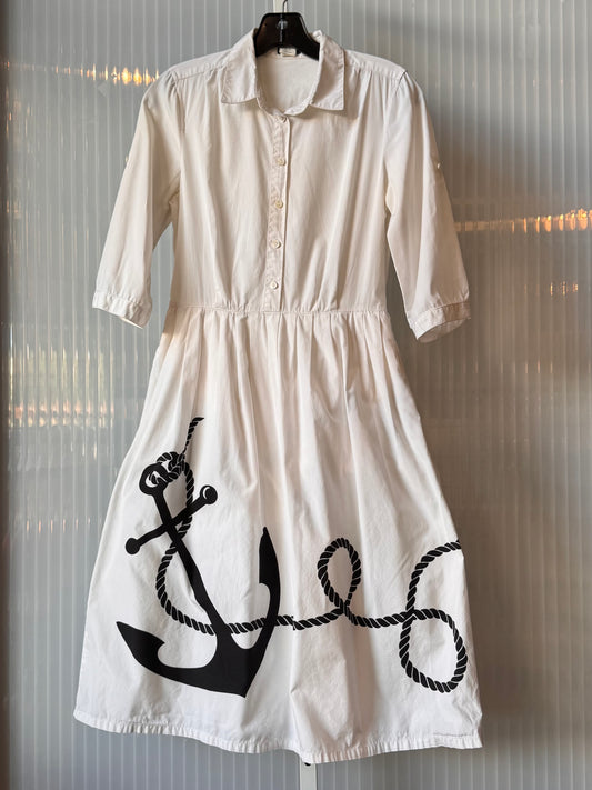 2000s White Shirtwaist Dress with Black Anchor Print