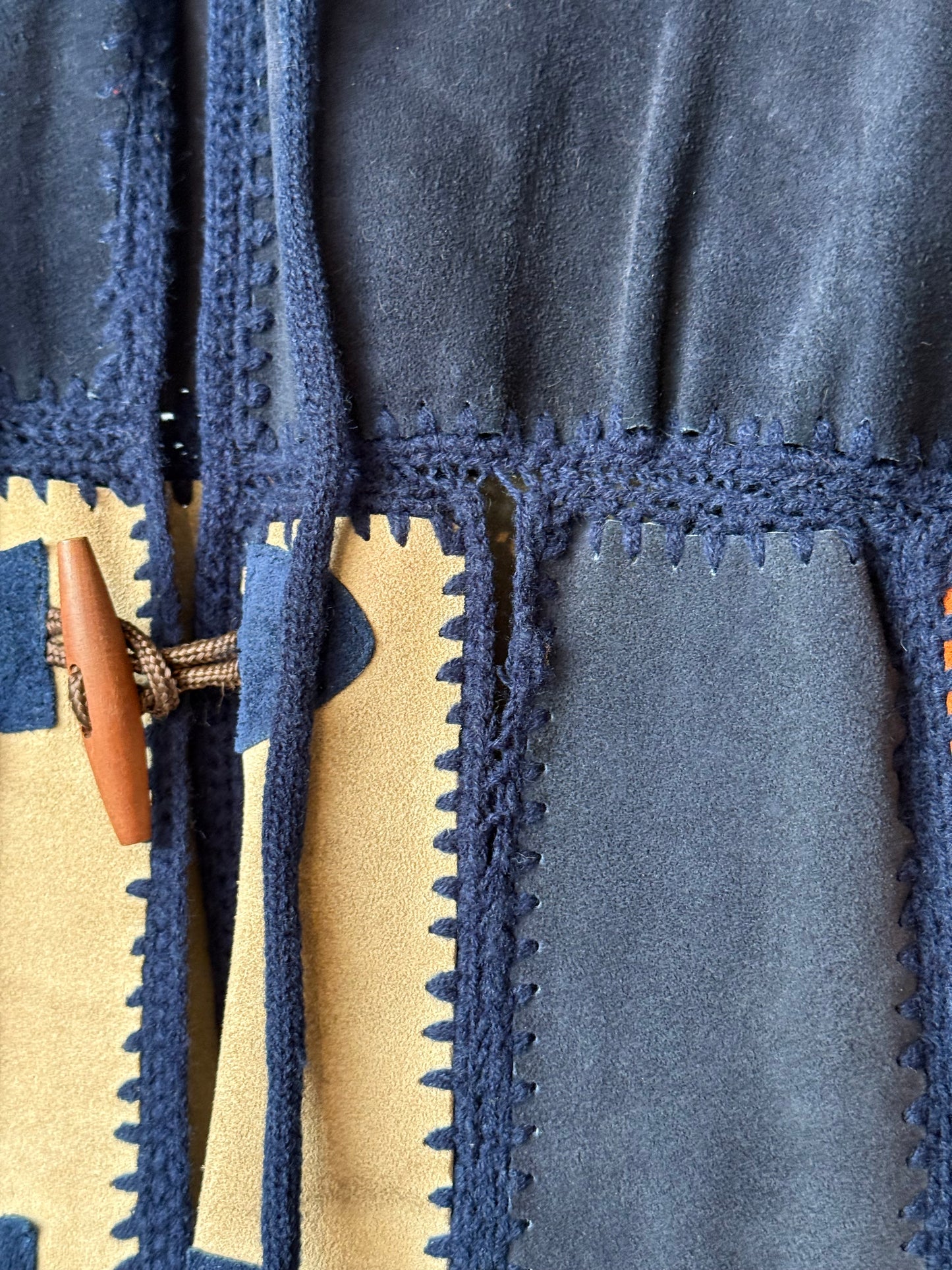 1970s Blue & Orange Suede Coat w/ Knitted Hood & Sleeves