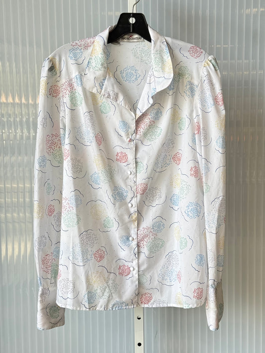 1980s White Multicolor Burst Design Collared Blouse