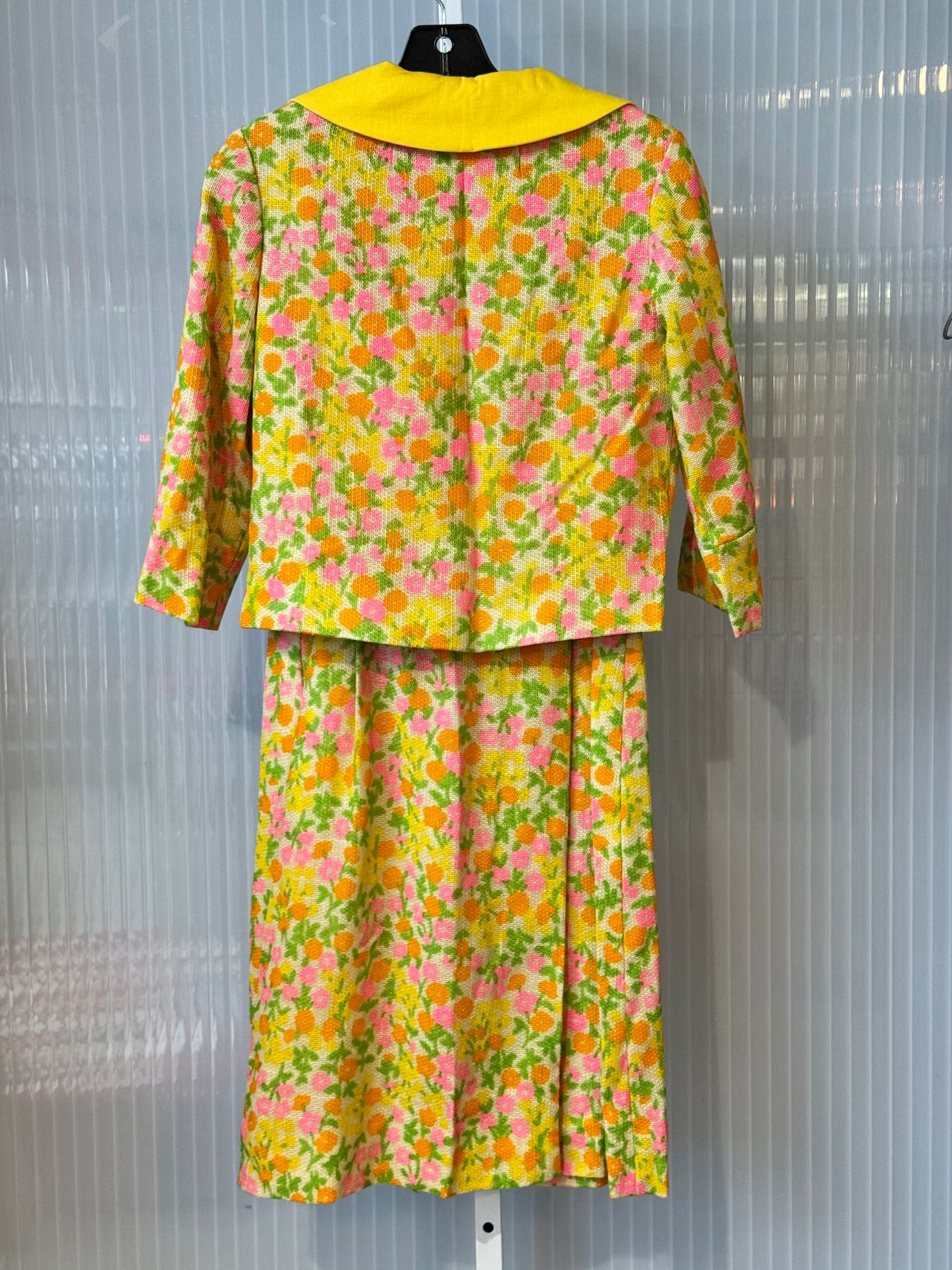 1960s Yellow Dress & Jacket Set w/ Multicolor Floral Pattern