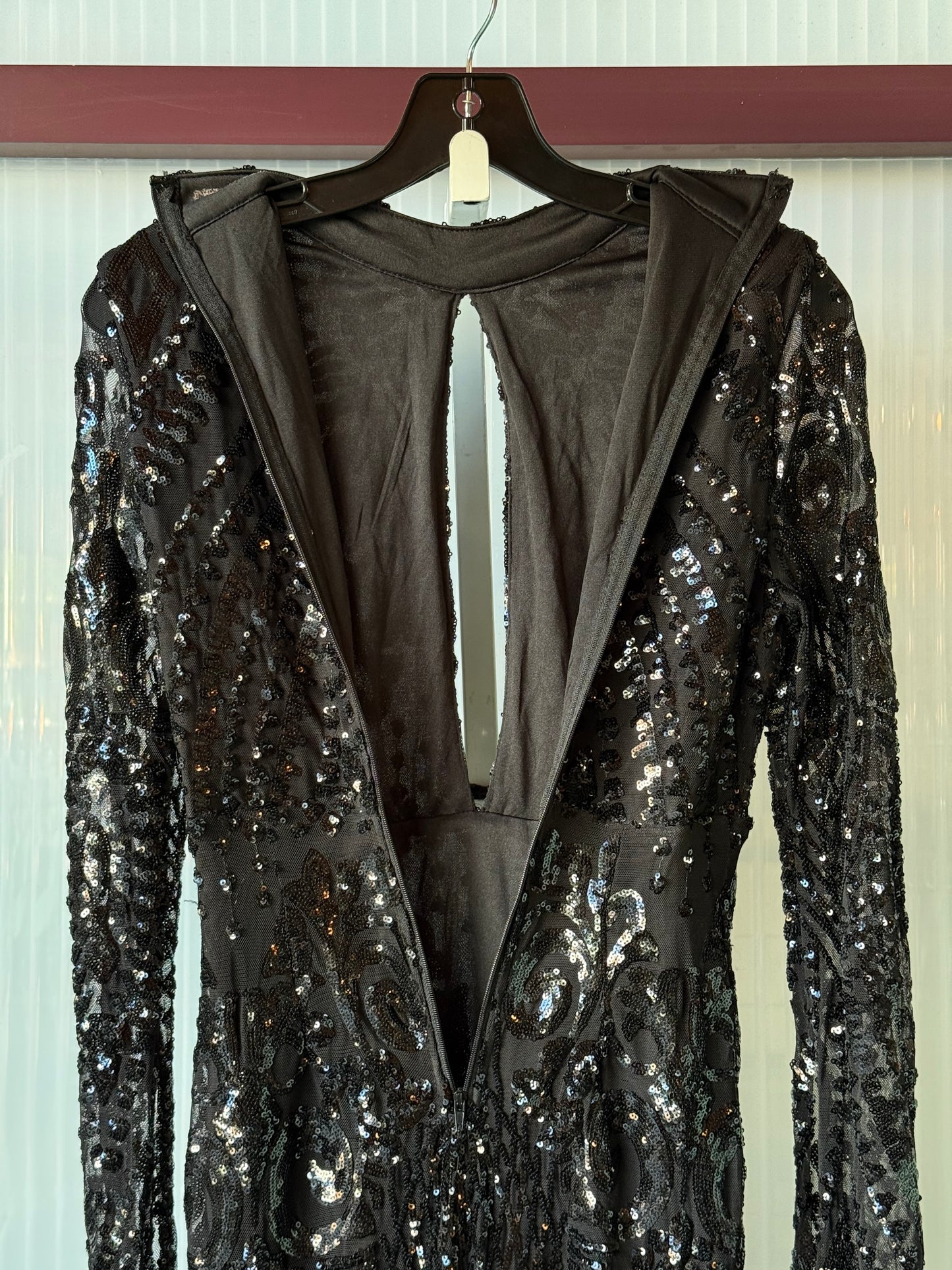 1990s Black Sequin Bodycon Gown with Dramatic Drape Sleeves