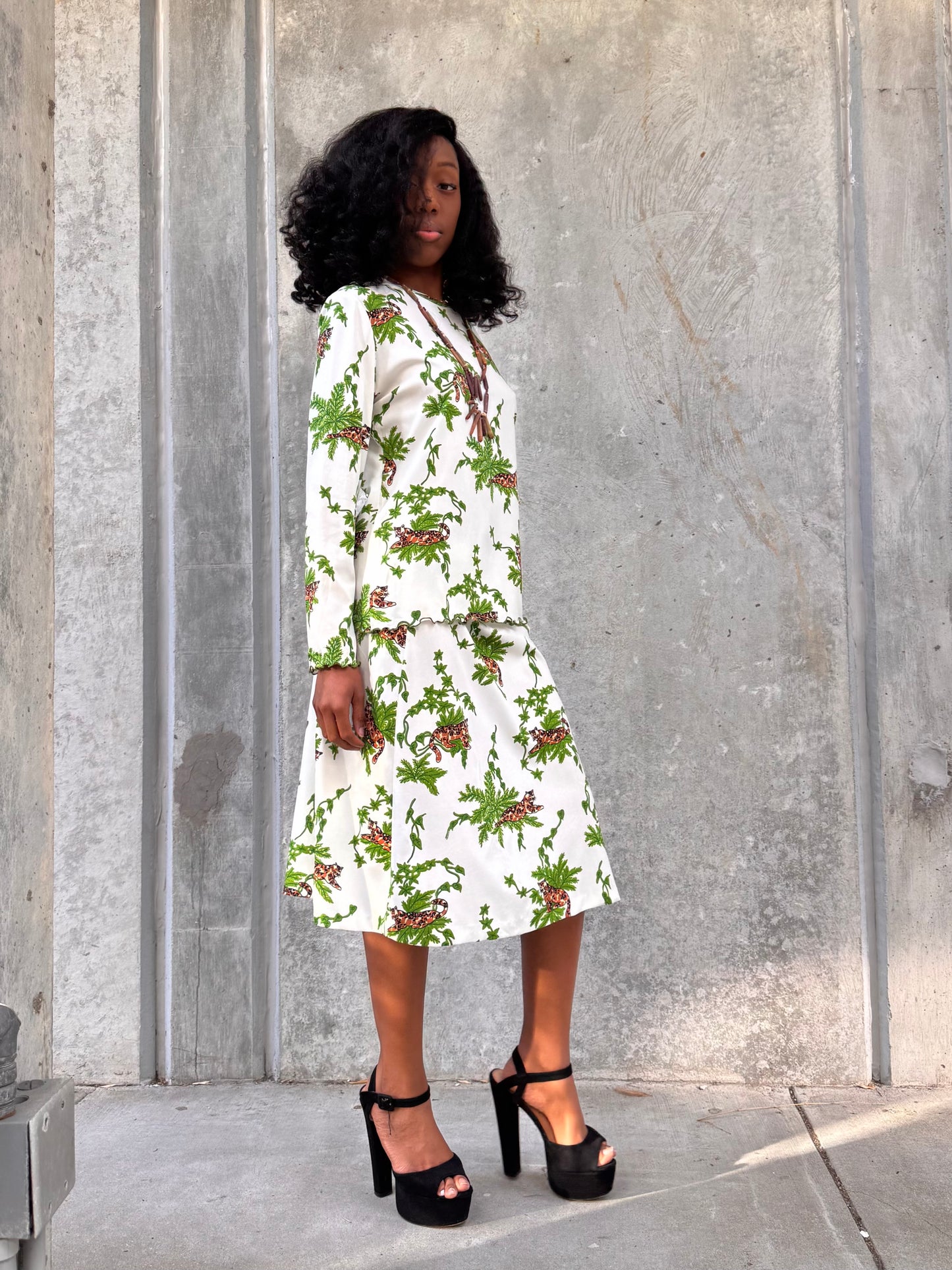 1970s White & Green Jaguar Print Top & Skirt Set