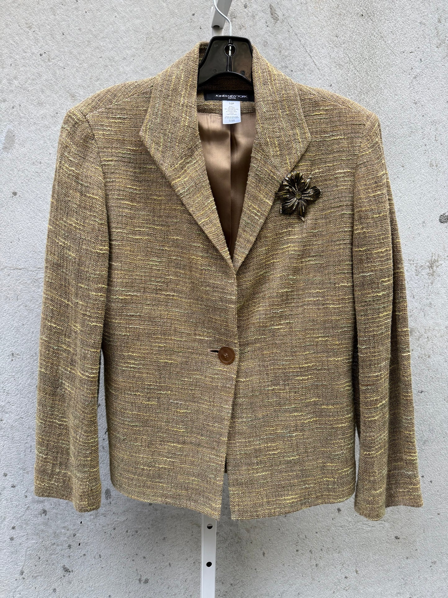 2000s Green Tweed Blazer Jacket with Floral Brooch