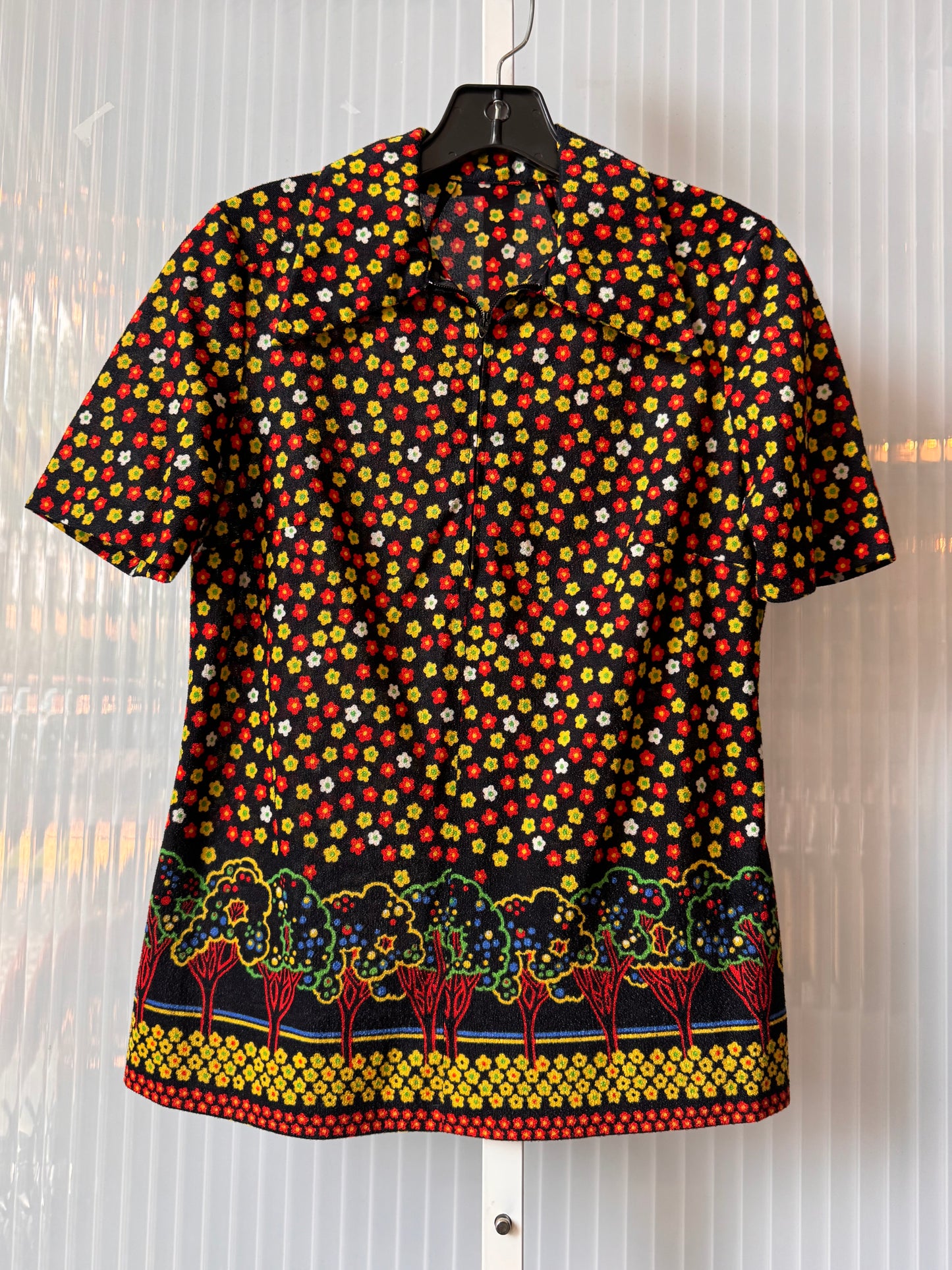 1970s Black Red & Yellow Orchard Print Blouse