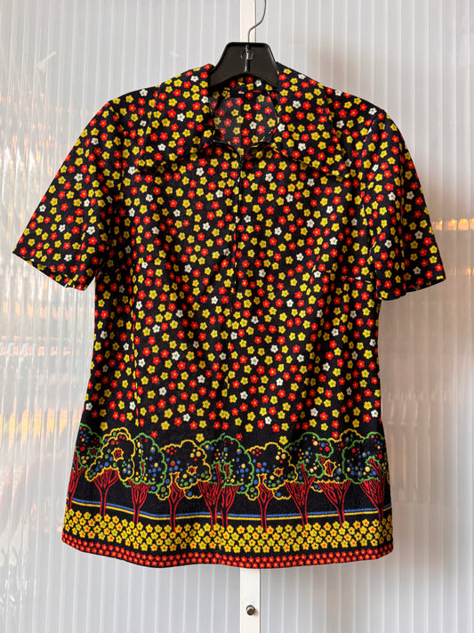 1970s Black Red & Yellow Orchard Print Blouse