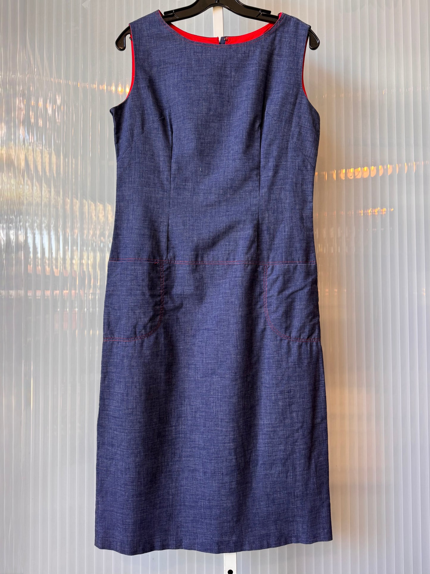 1960s Chambray Sheath Dress With Red Stitching