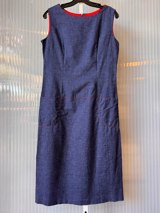 1960s Chambray Sheath Dress With Red Stitching