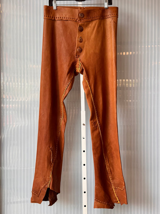 1970s Carmel Leather Pants w/ Large Carved Buttons