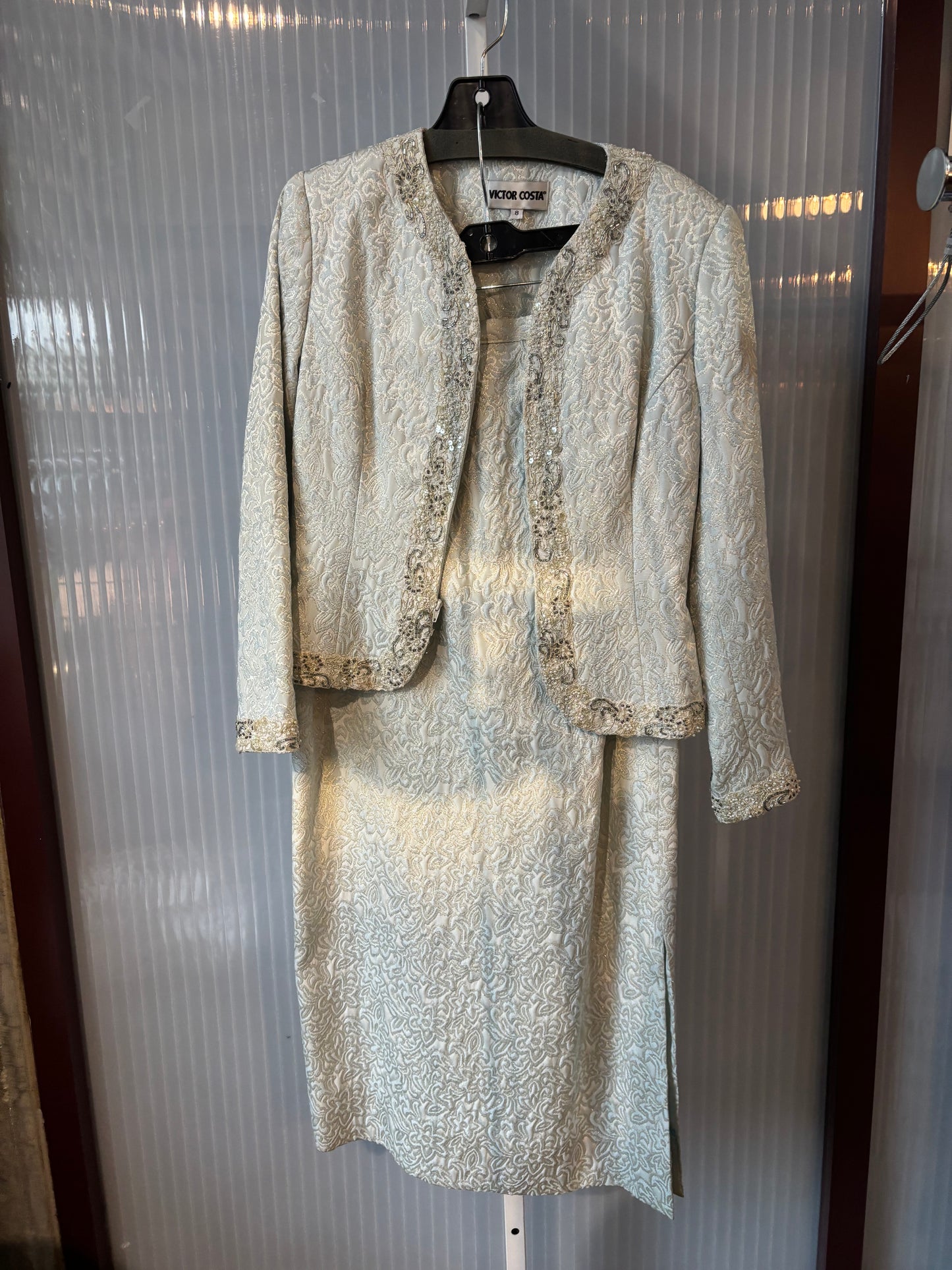 1990s Victor Costa Jacquard w/ Beading Jacket & Skirt