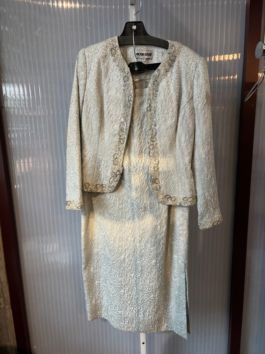 1990s Victor Costa Jacquard w/ Beading Jacket & Skirt