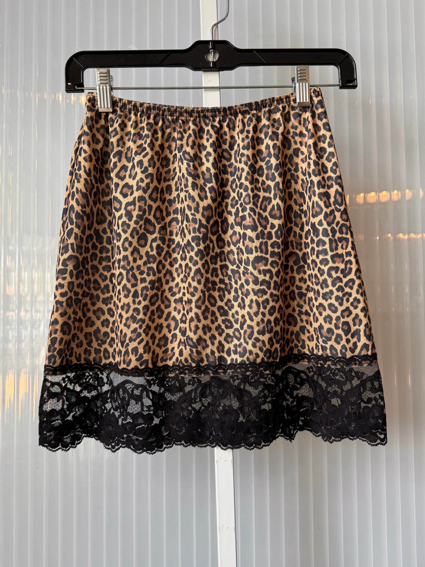 Y2K Brown Leopard Print Miniskirt Slip with Black Lace Hem
