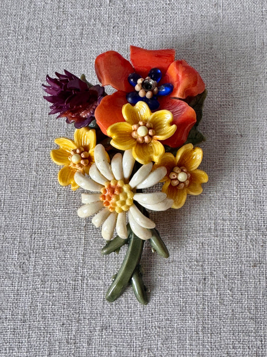 1960s Multi-color Floral Celluloid Brooch