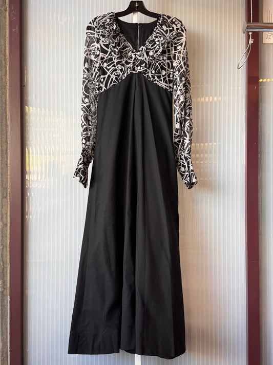 1970s Black & White Empire Waist Maxi Dress