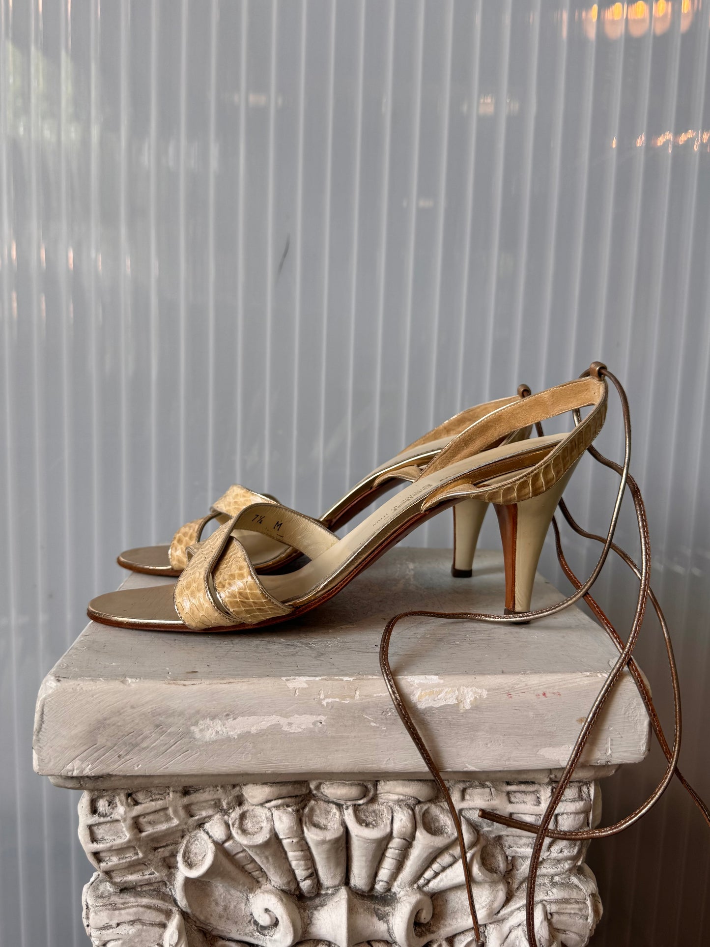 1990s / Y2K Cream Snakeskin Strappy Heels