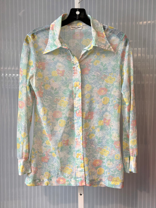 1970s Alfred Dunner Sheer Floral Point Collar Blouse