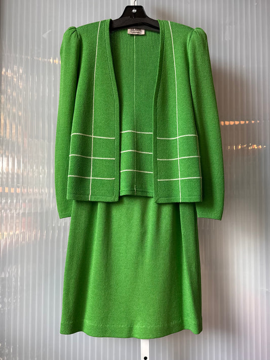 1970s Saks Fifth Avenue Green Knit Cardigan & Skirt Set