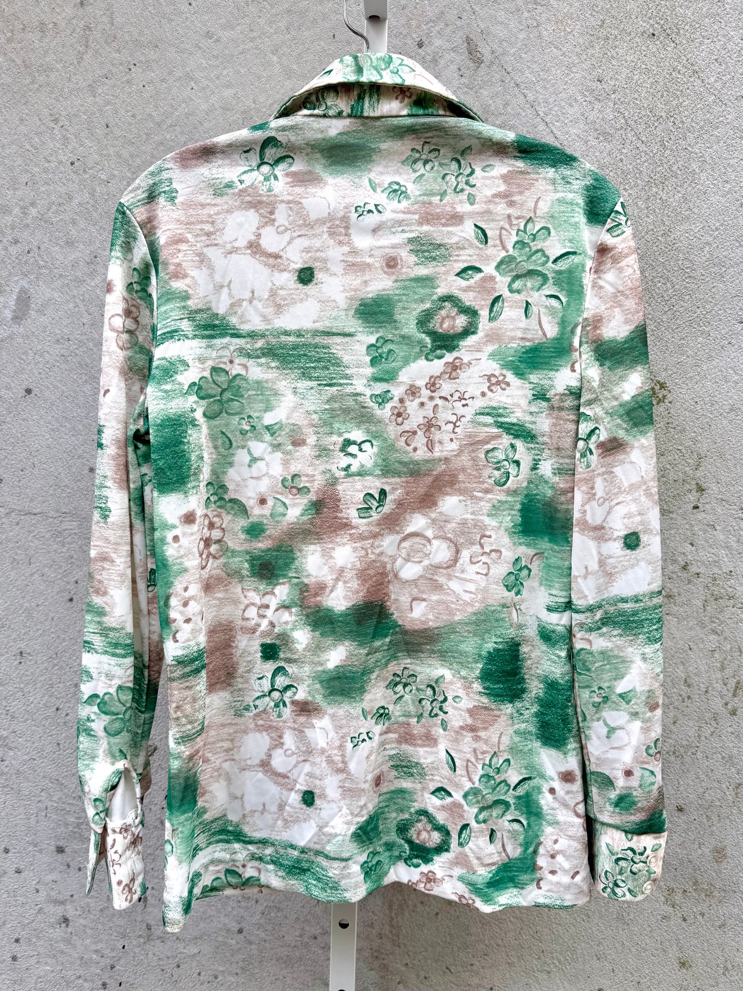 1970s Green & Tan Floral Collared Blouse