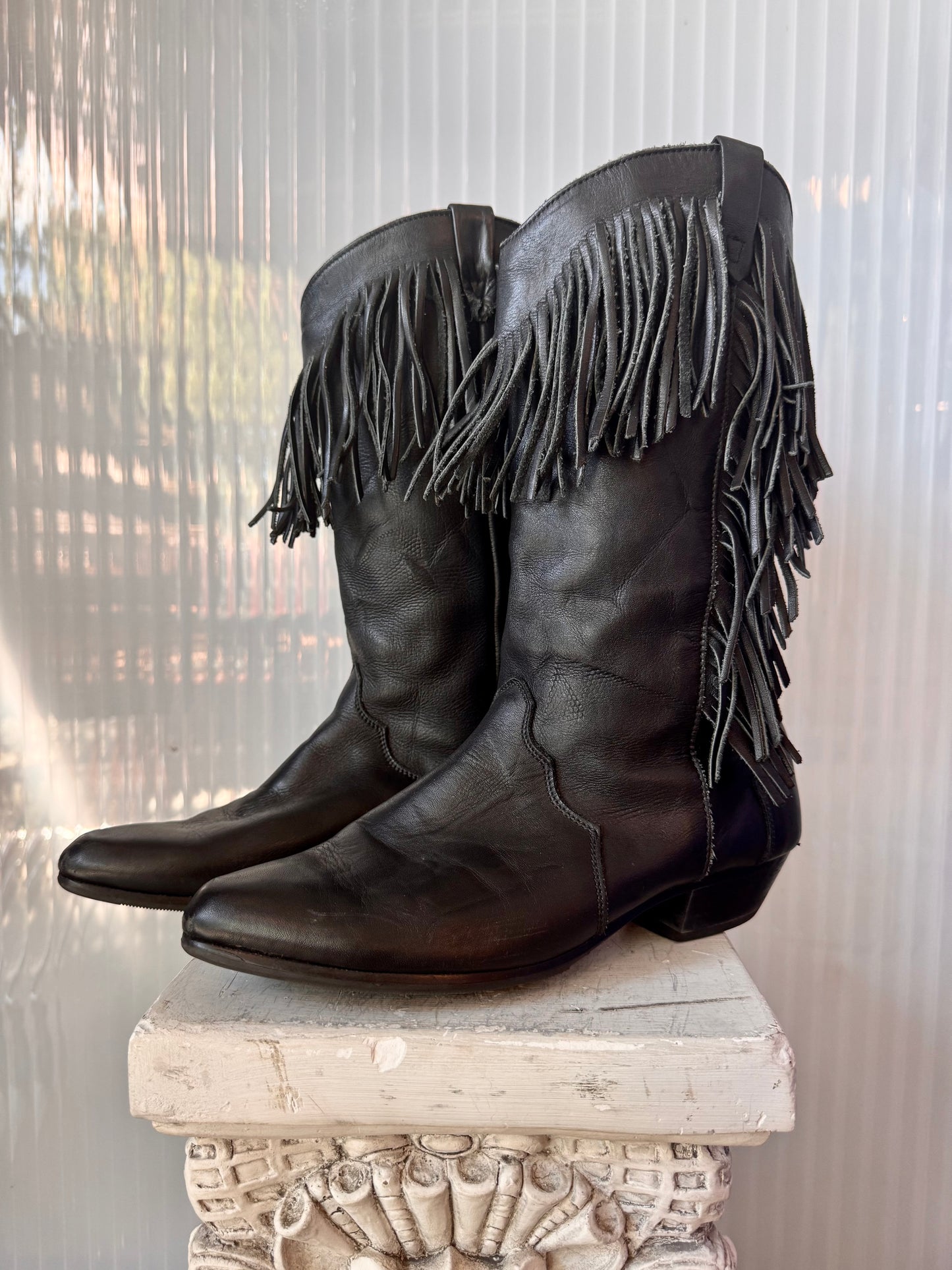 Black Fringe Leather Boots Size 10