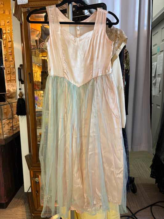 1950s Pink Satin Cupcake Dress w/ Teal Tulle Layer