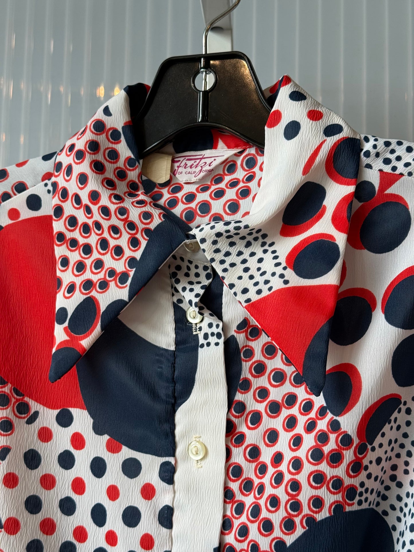 1970s Red, White & Blue Dot Patterned Shirt Waist Dress
