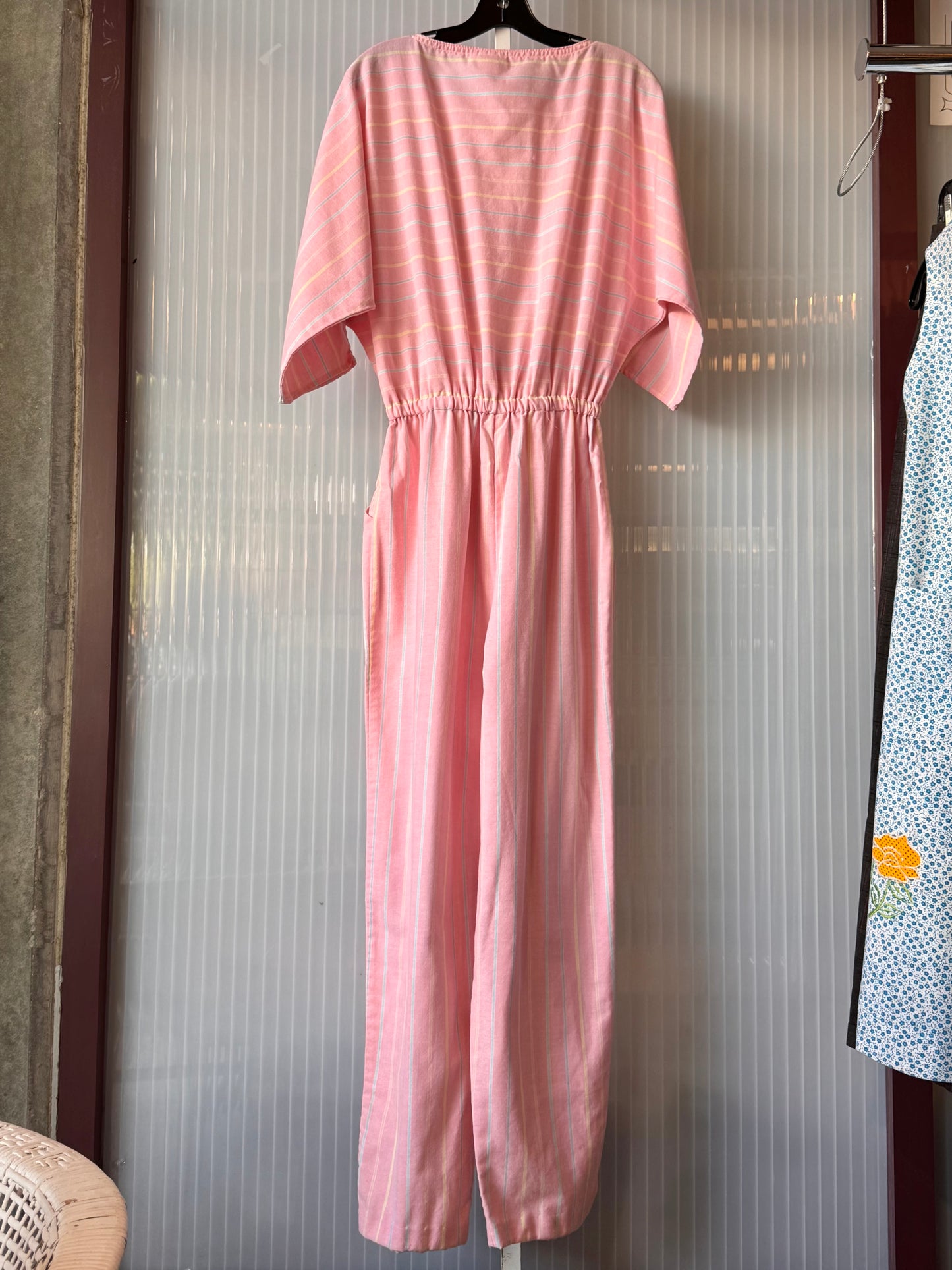 1980s Pastel Pink Striped Dolman Sleeve Jumpsuit