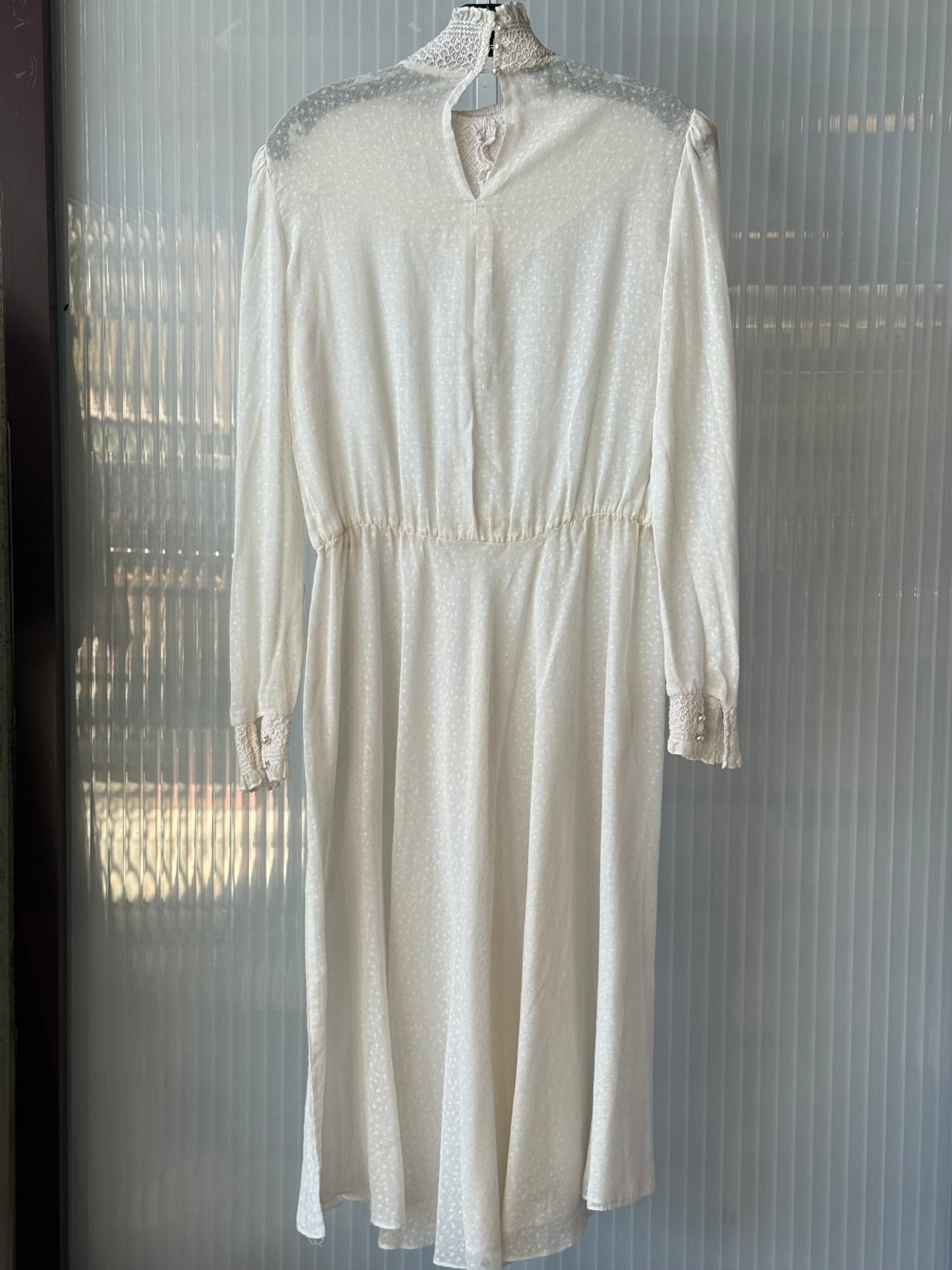 1980s Does Edwardian White Sheer Dress w/ Smocked Yolk & Ruffle Collar