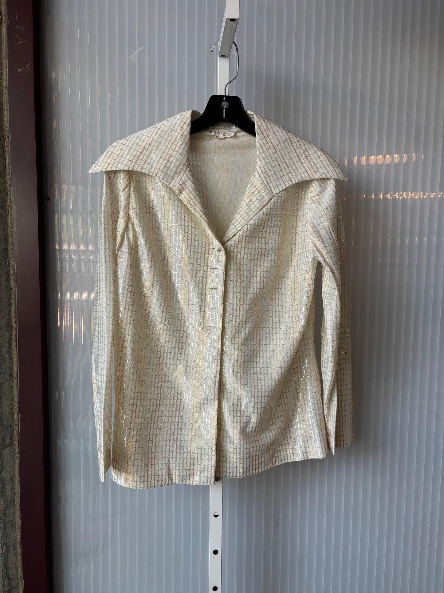 1970s Silver & Gold Patterned White Disco Blouse & Pants Set