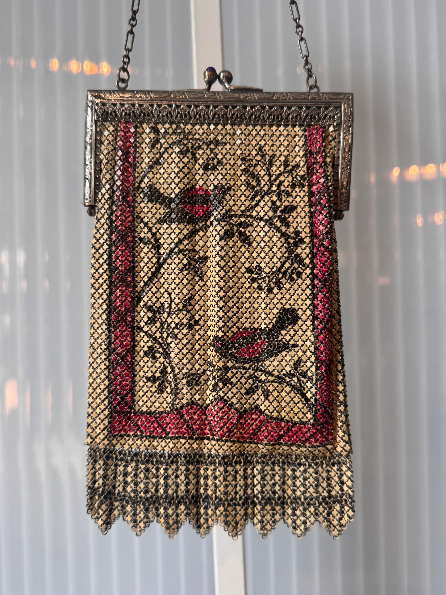 1930s Cream & Magenta Bird Metal Mesh "Elsah" Purse