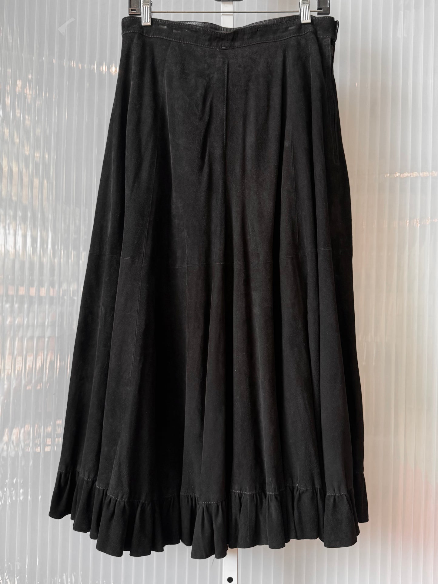 1970s Long Black Suede 3/4ths Circle Skirt