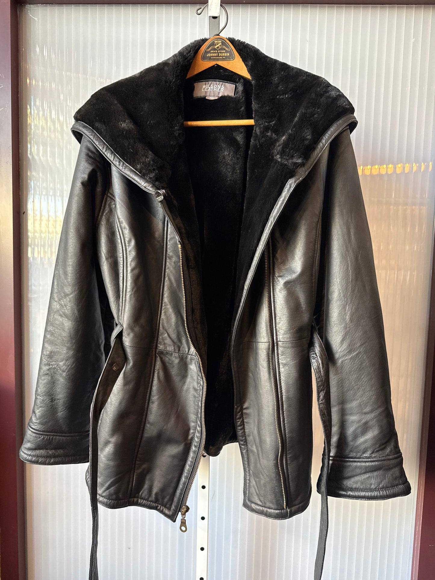 1990s Black Wilson’s Leather Zip-Up Jacket with Hood and Faux Fur Lining