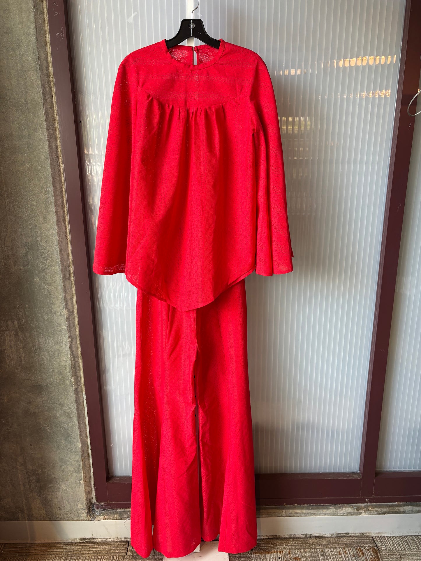 1970s Billowing Gathered Bright Red Lace Blouse & Pants Set